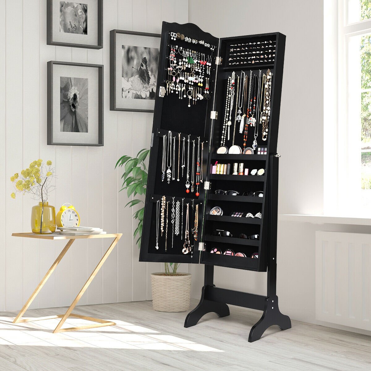 Mirrored Lockable Jewelry Cabinet Armoire Organizer Storage Box-Black view 6