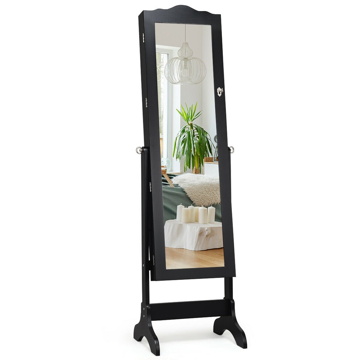 Mirrored Lockable Jewelry Cabinet Armoire Organizer Storage Box-Black view 8
