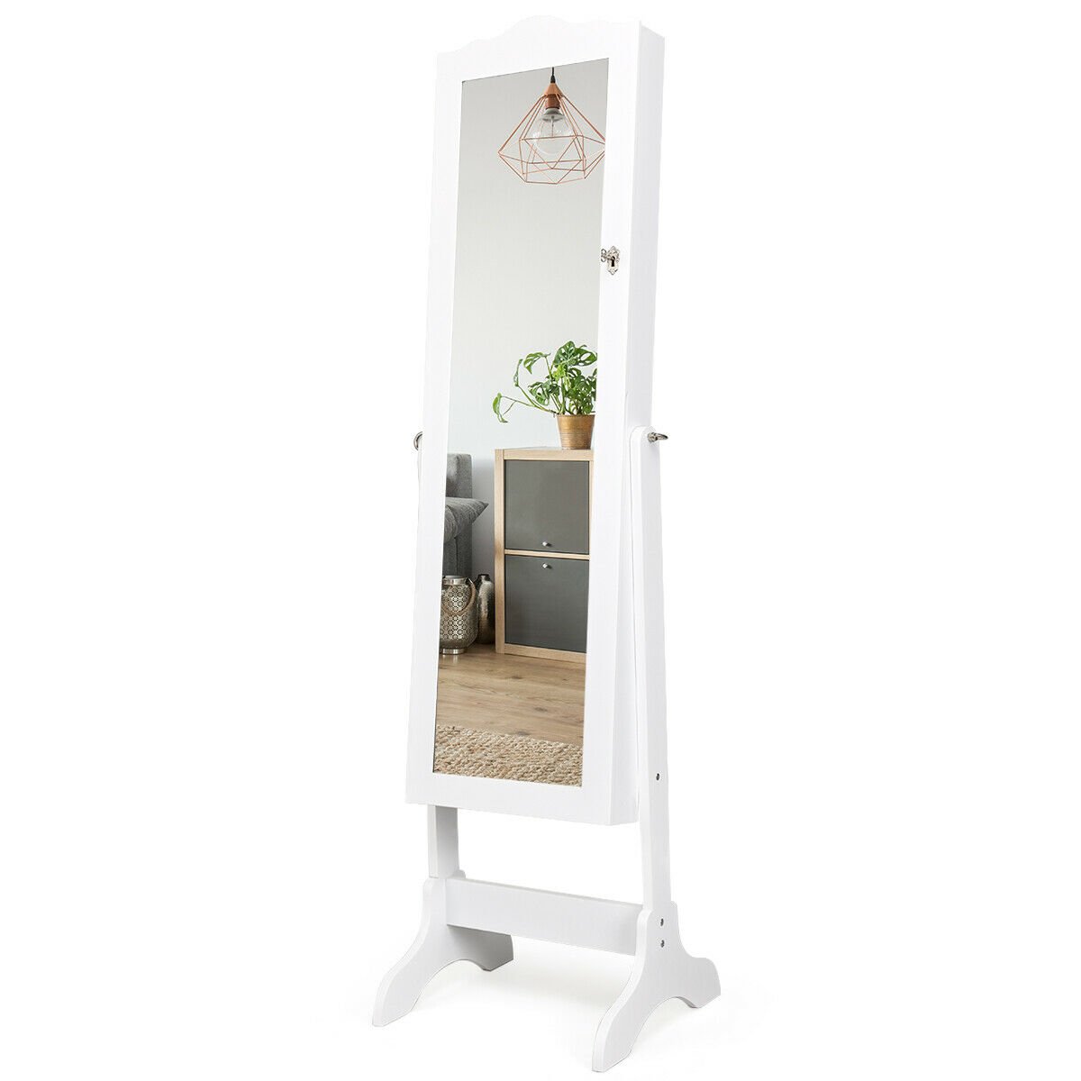 Mirrored Lockable Jewelry Cabinet Armoire Organizer Storage Box-White view 4