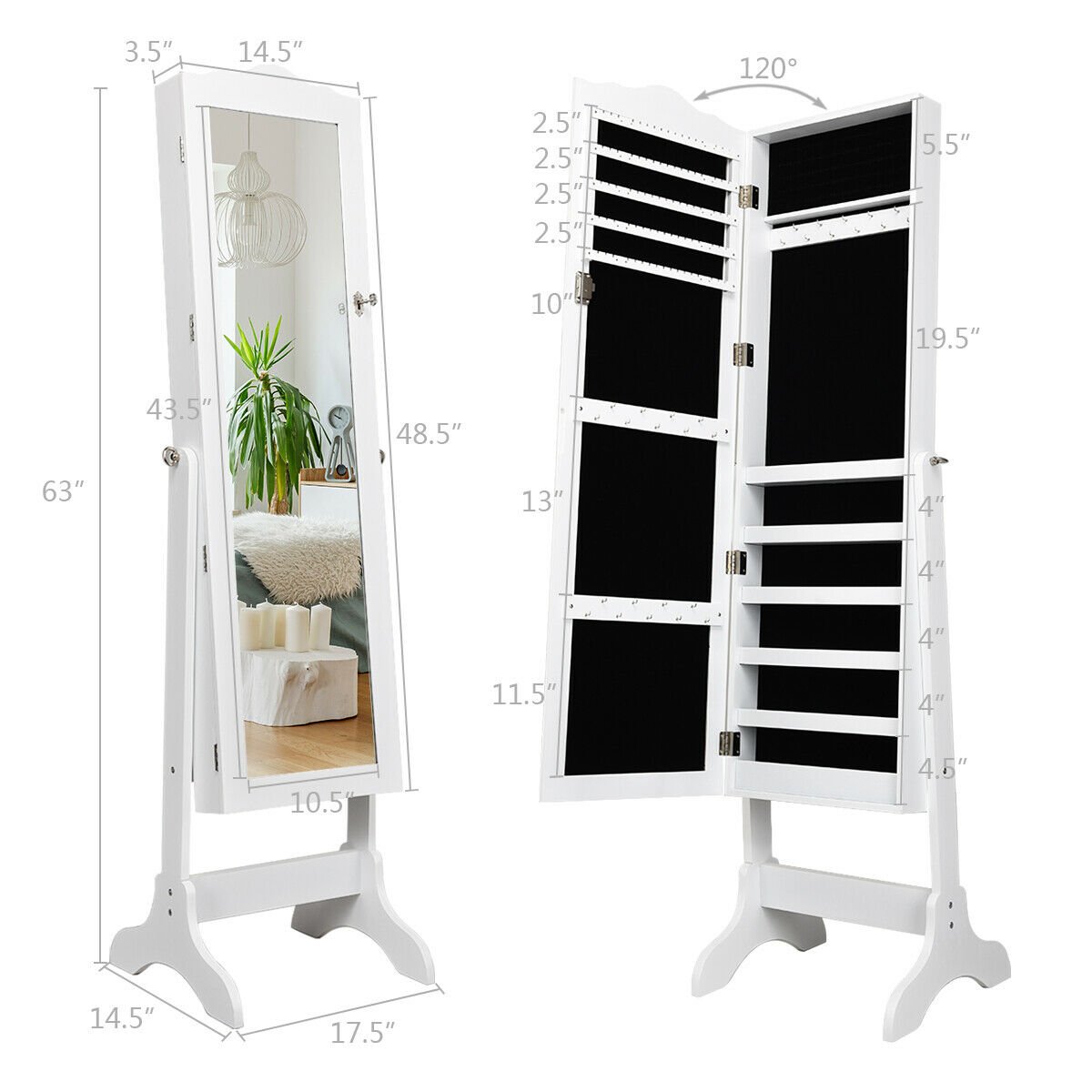 Mirrored Lockable Jewelry Cabinet Armoire Organizer Storage Box-White view 5