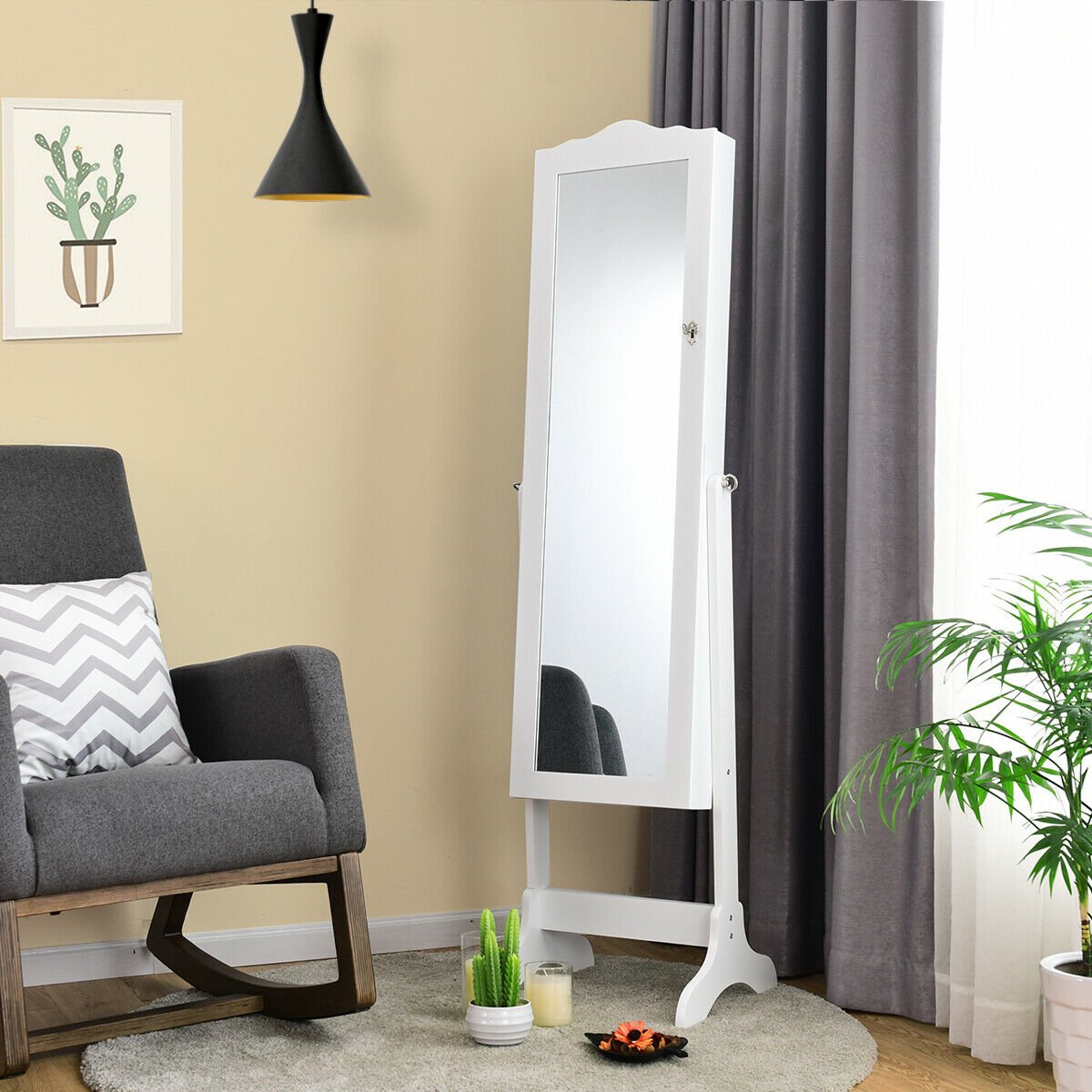 Mirrored Lockable Jewelry Cabinet Armoire Organizer Storage Box-White view 6
