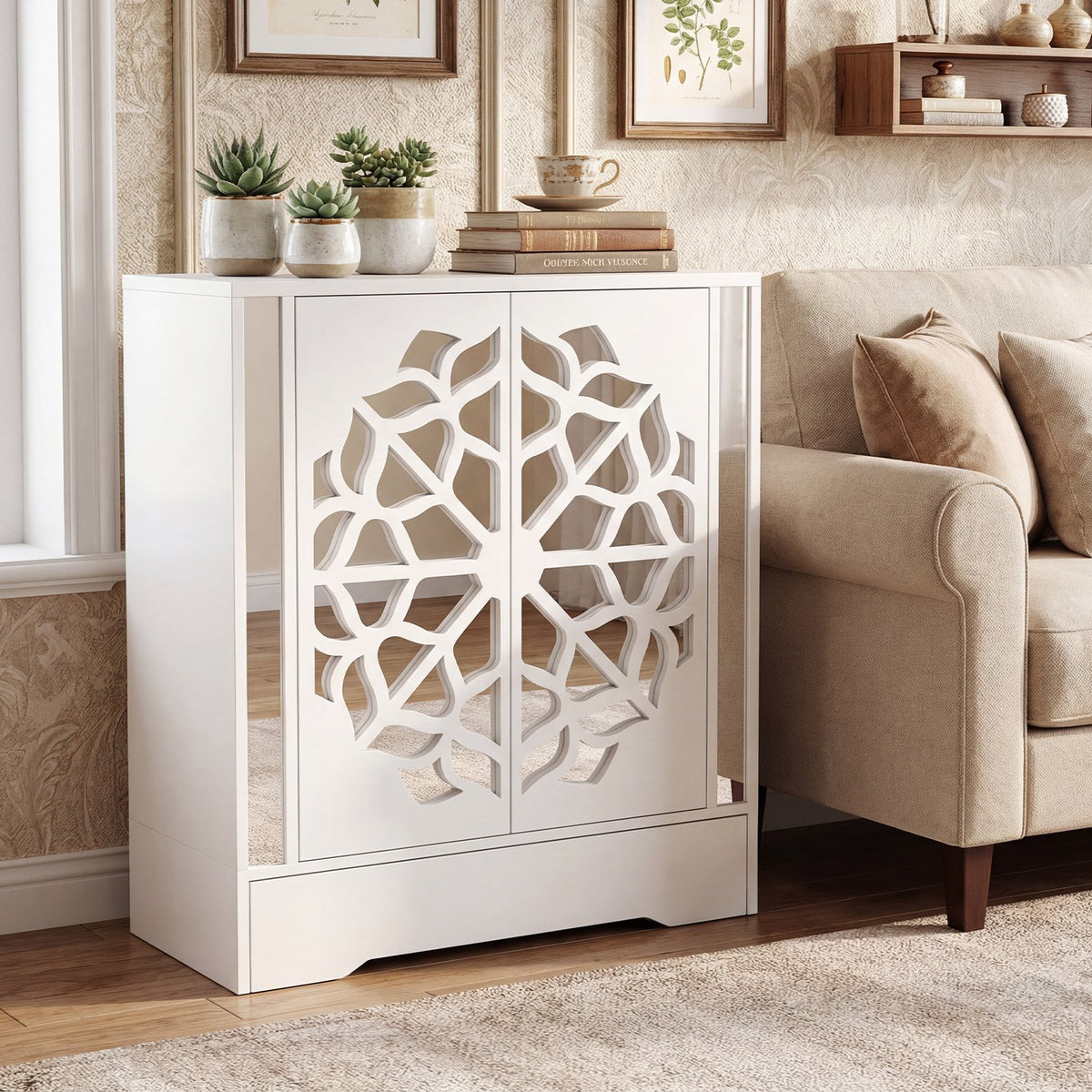 Mirrored Shoe Cabinet 4-Tier Shoe Organizer with Large Drawer-White view 2
