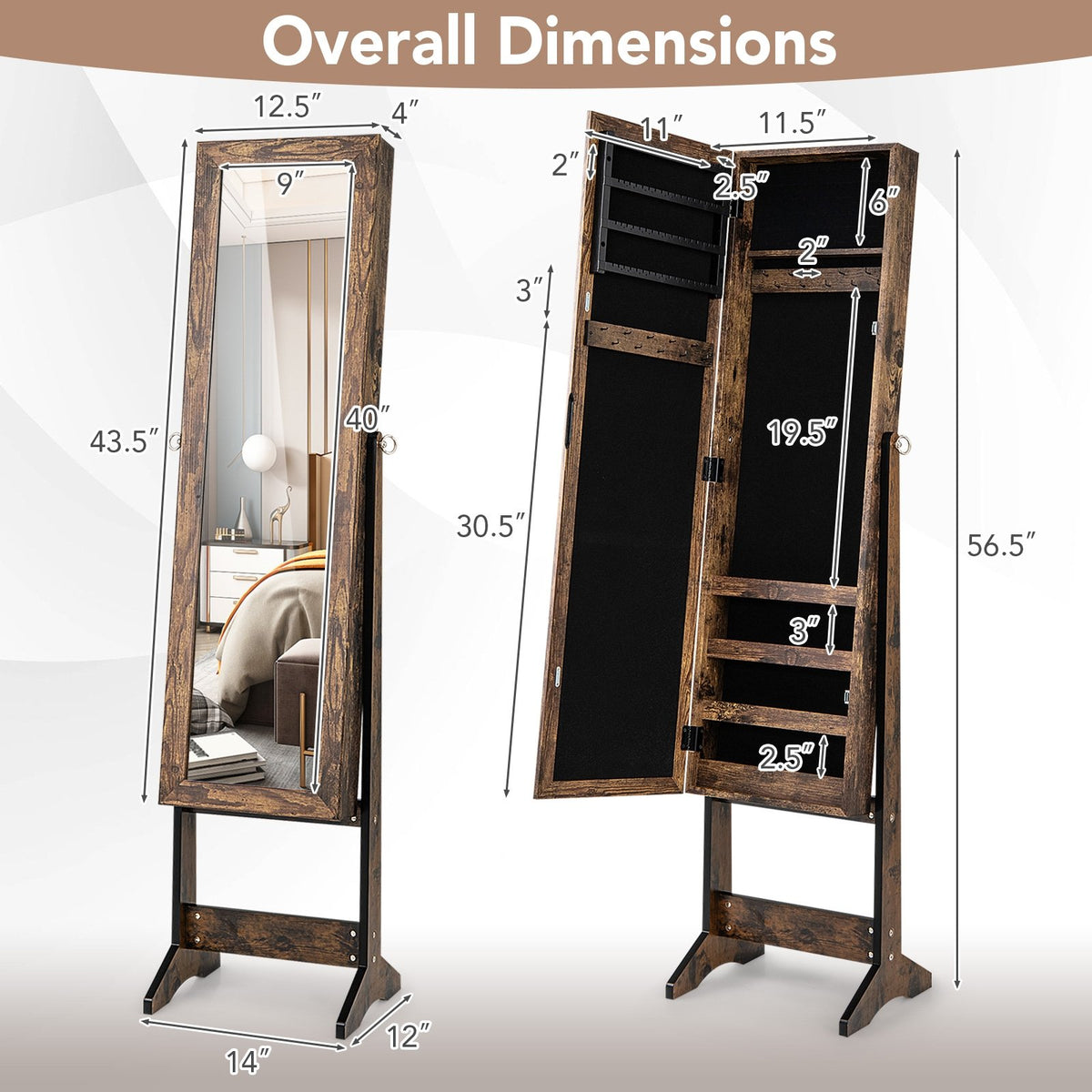 Mirrored Standing Jewelry Cabinet Storage Box-Brown view 4