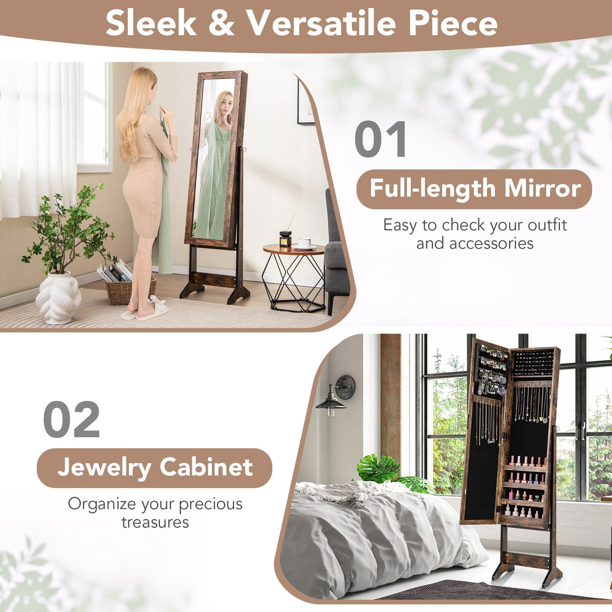 Mirrored Standing Jewelry Cabinet Storage Box-Brown view 8
