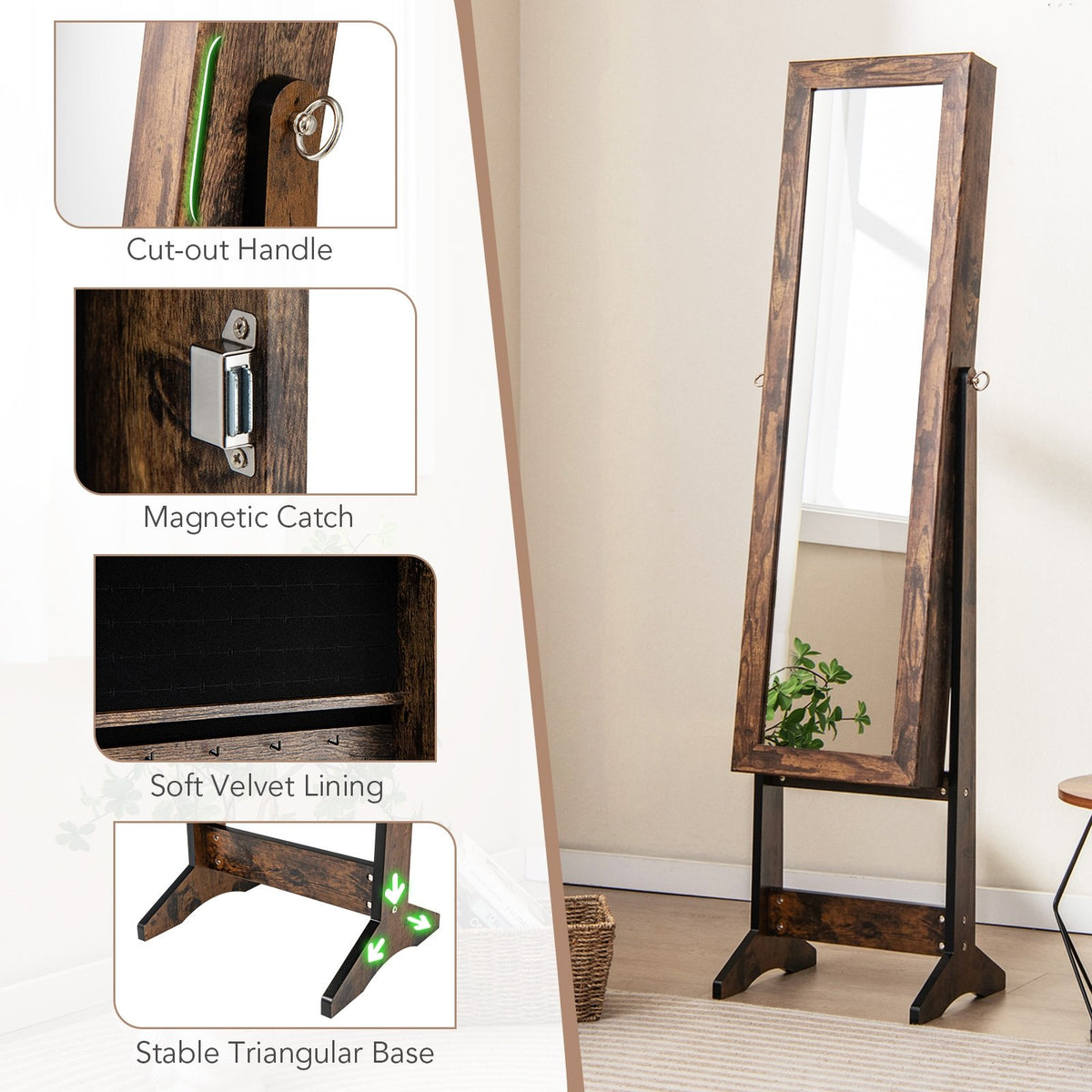 Mirrored Standing Jewelry Cabinet Storage Box-Brown view 9