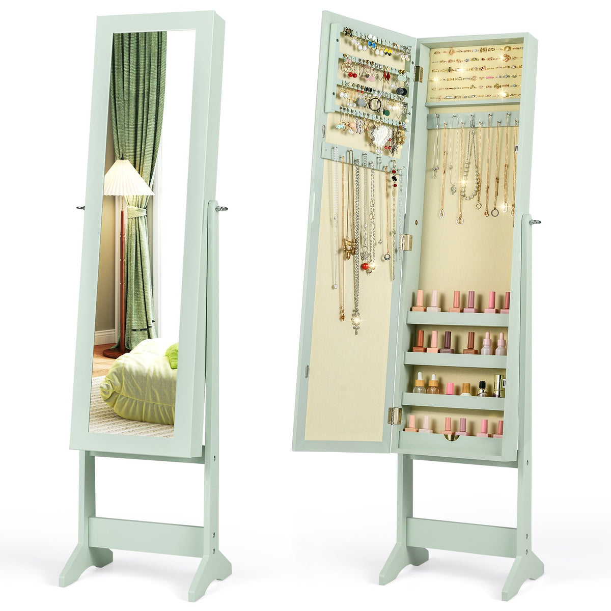 Mirrored Standing Jewelry Cabinet Storage Box-Green