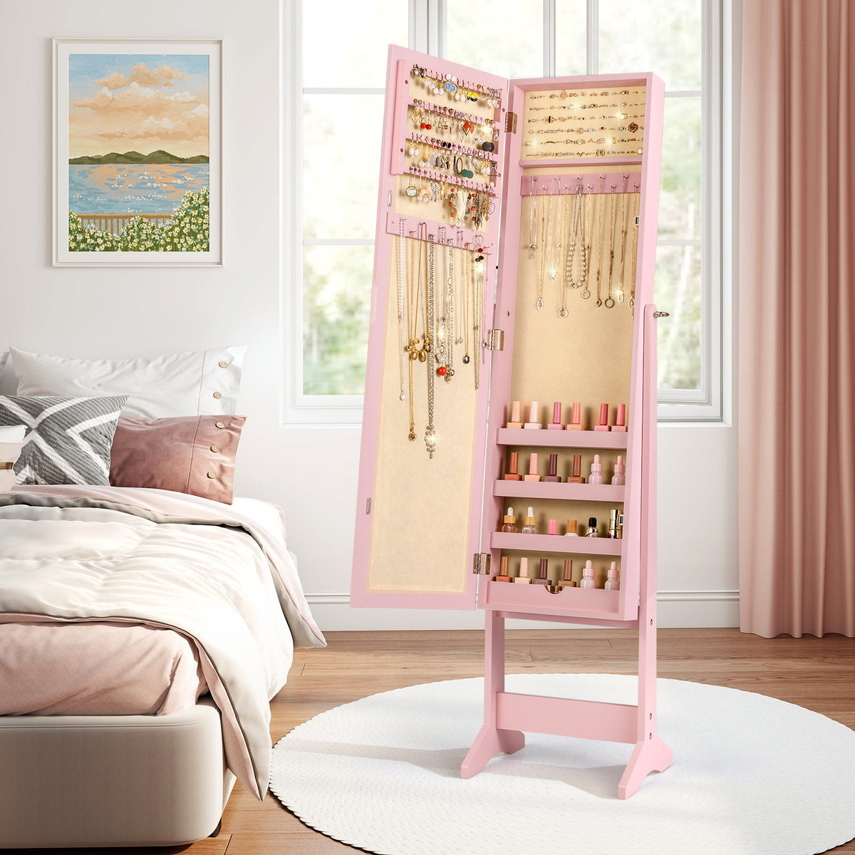 Mirrored Standing Jewelry Cabinet Storage Box-Pink view 2