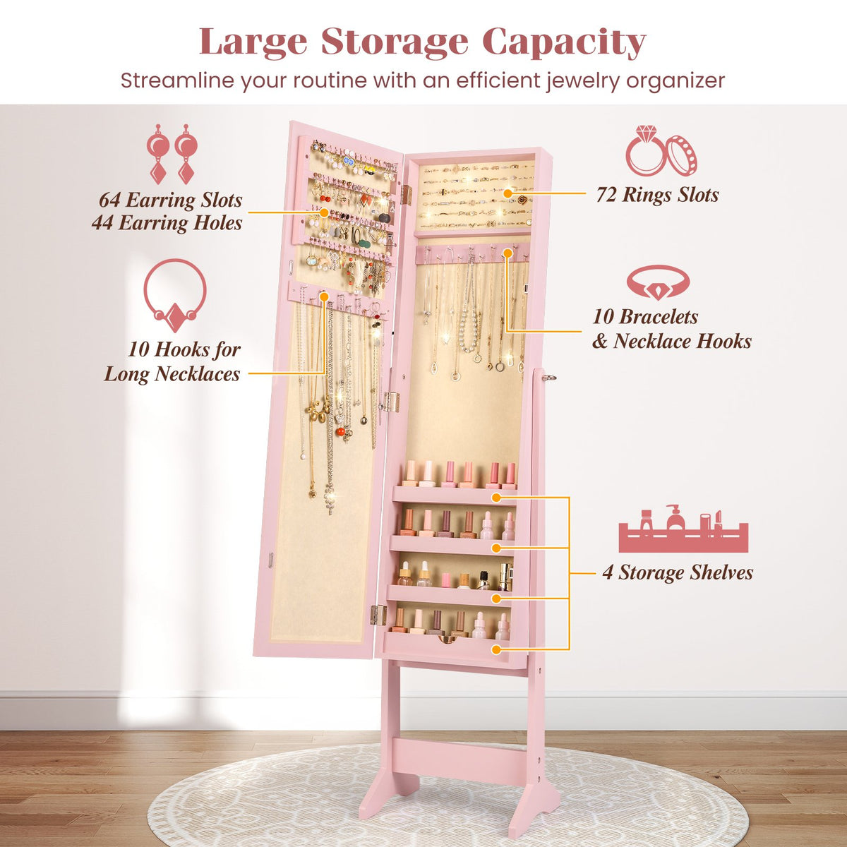 Mirrored Standing Jewelry Cabinet Storage Box-Pink view 6