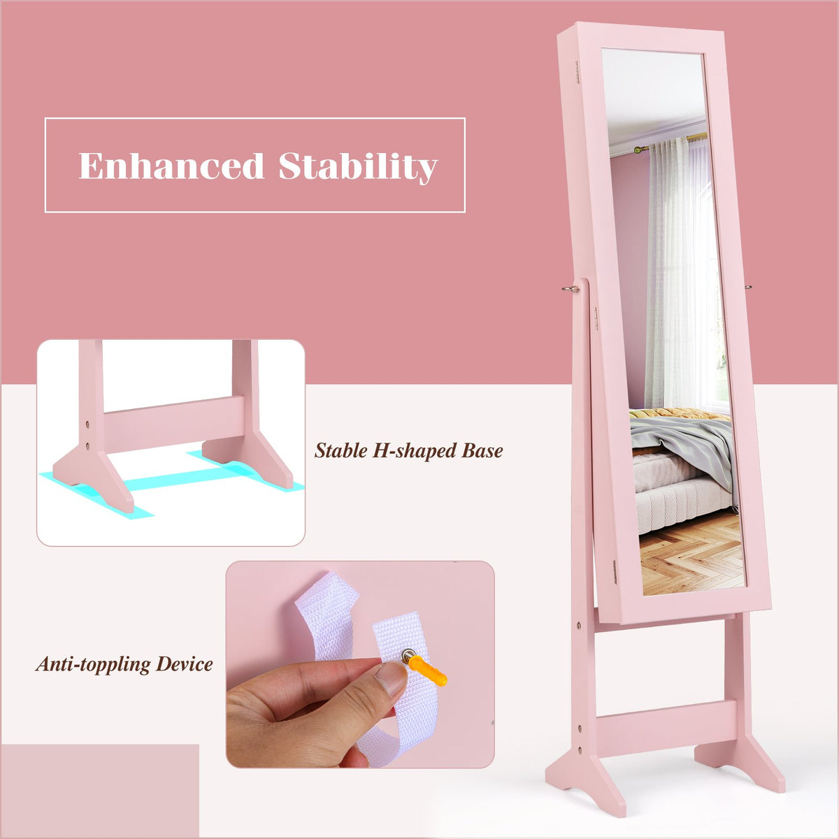 Mirrored Standing Jewelry Cabinet Storage Box-Pink view 8