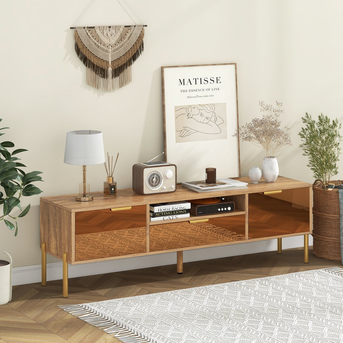 Mirrored TV Stand for TV up to 65 Inch with Spacious Tabletop and 2 Storage Cabinets-Natural view 2