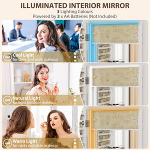 Jewelry Armoire Cabinet with Lights, Wall Mounted or Door Hanging Mirror Jewelry Cabinet with Full Length Mirror, White
