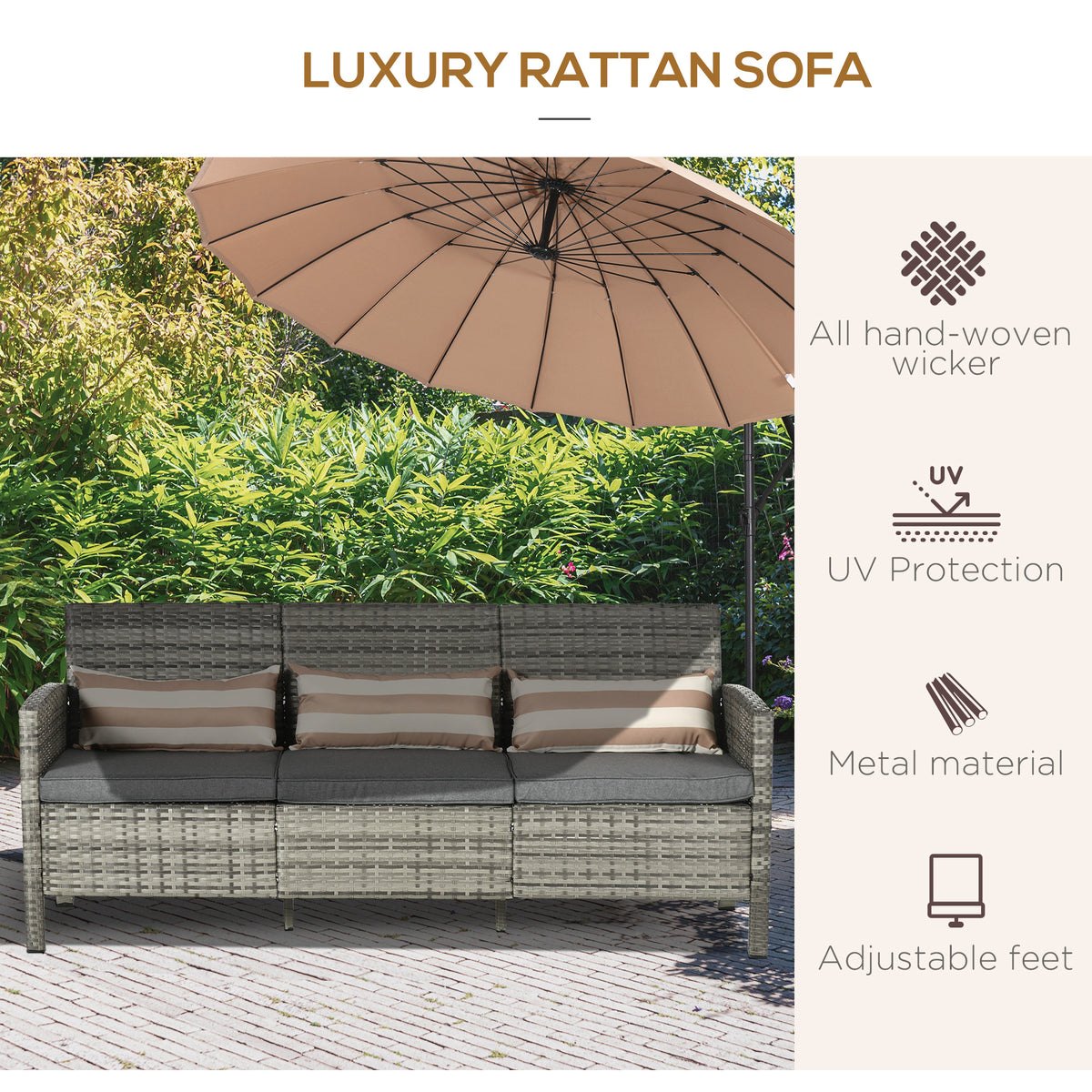 3-Seater Wicker Sofa, PE Rattan Outdoor Couch Conversation Furniture with Removable Cushions for Patio – view 3