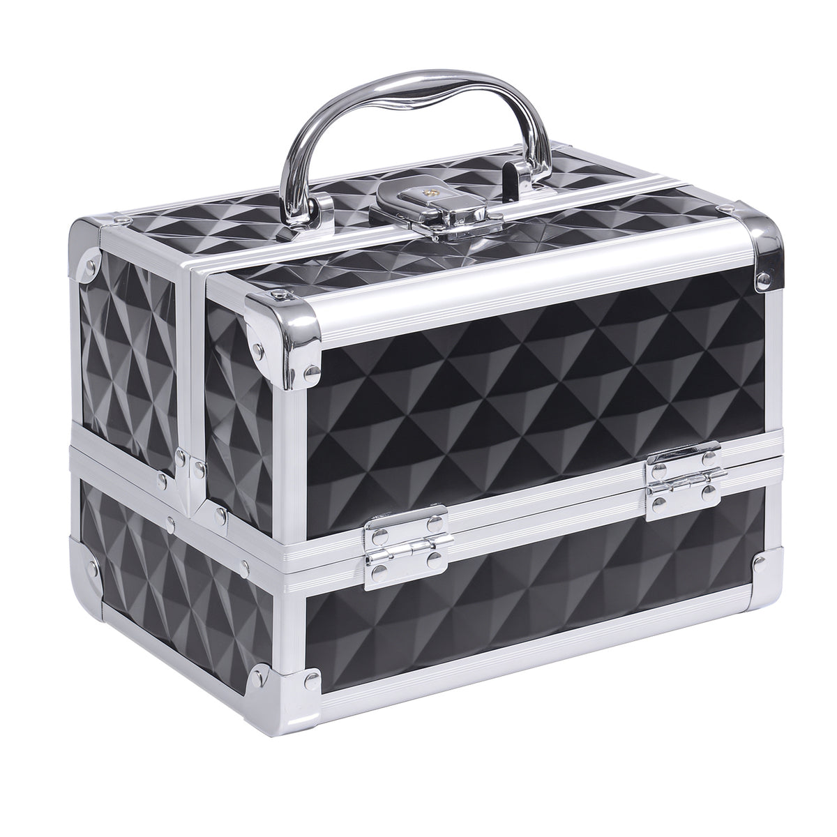 3 Tier Diamond Texture Makeup Train Case Cosmetic Organizer with Mirror, Black