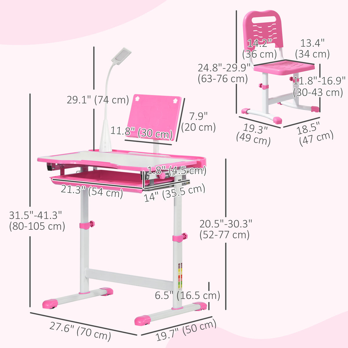 Qaba Kids Desk and Chair Set Height Adjustable Student Writing Desk Children School Study Table with Tilt Desktop