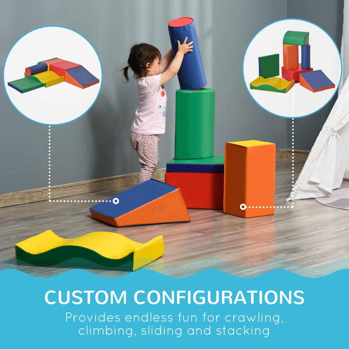 Soozier 7 Pieces Soft Play Foam Climbing Blocks, Indoor Modular Kids Play Toys for Climbing, Crawling, Sliding, Multicolour