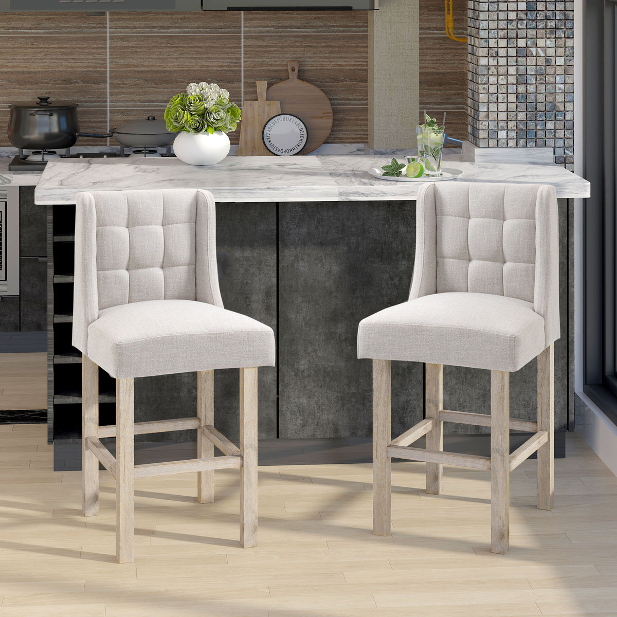 Modern Counter Bar Stools Tufted Upholstered Counter Chairs Set of 2 for Kitchen, Beige