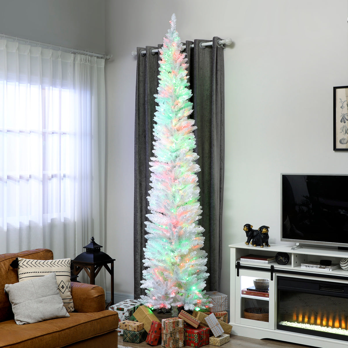 9ft Christmas Tree with Colourful DIY Synchronized LEDs, Hinged Pencil Xmas Tree with Remote, Daily Timer – view 14