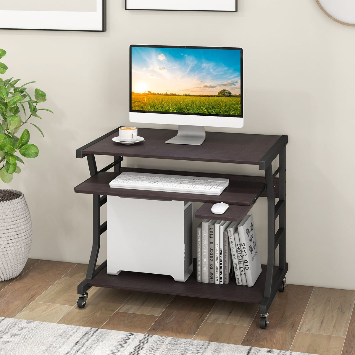 Mobile Computer Desk with Keyboard Tray Mouse Tray and Shelf-Dark Brown view 2