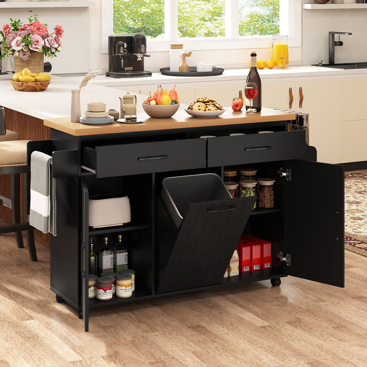 Mobile Kitchen Island Table with Trash Bag Storage for Dining Room-Black view 2