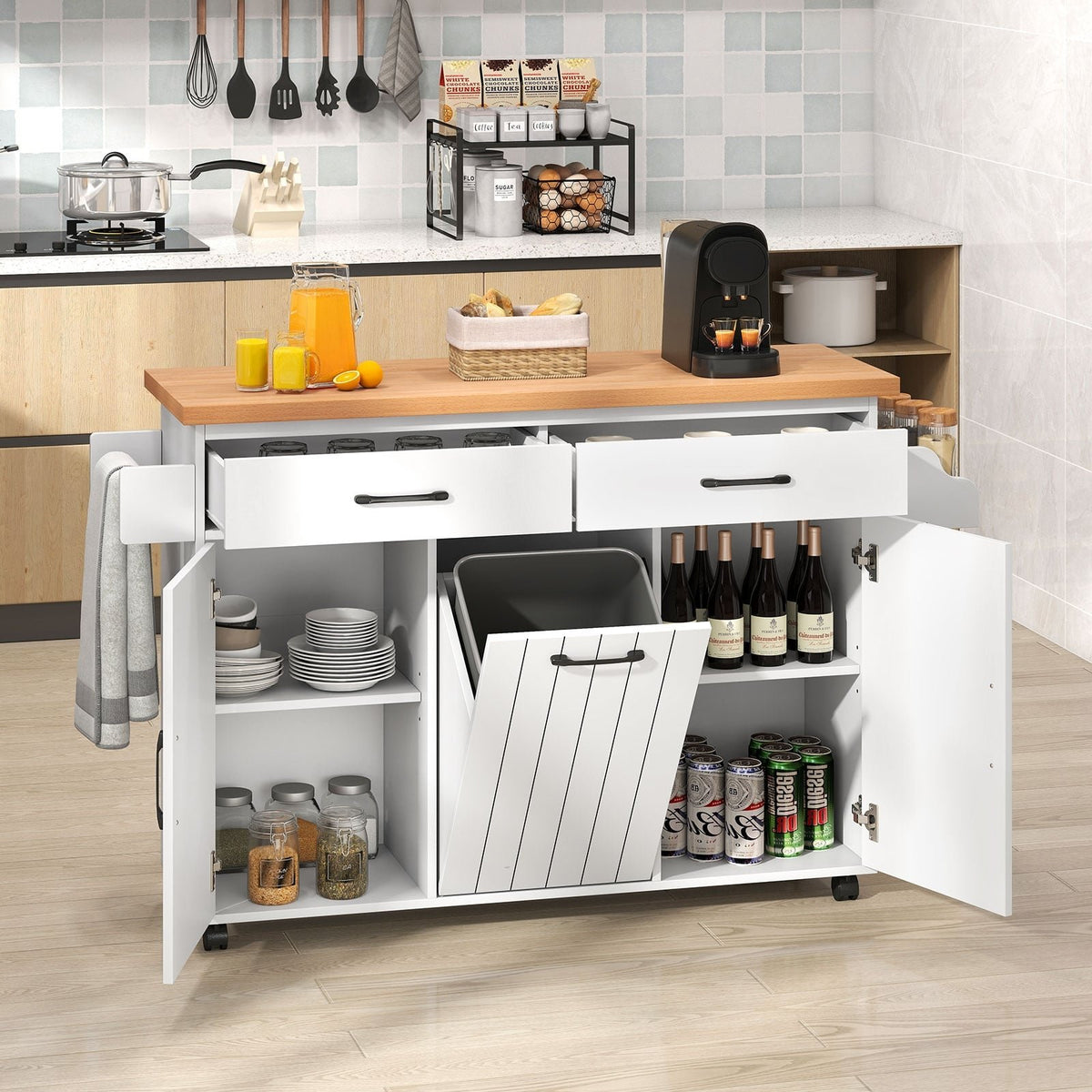 Mobile Kitchen Island Table with Trash Bag Storage for Dining Room-White view 3