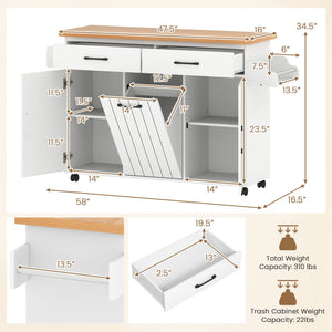 Mobile Kitchen Island Table with Trash Bag Storage for Dining Room-White view 5