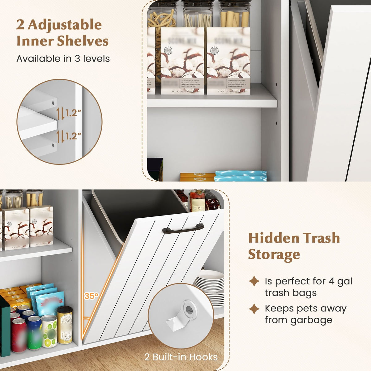 Mobile Kitchen Island Table with Trash Bag Storage for Dining Room-White view 7