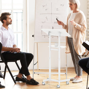 Mobile Lectern Podium Height-adjustable Rolling Laptop Cart with Tilting Top Storage Tray-White view 3