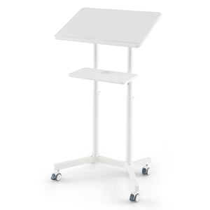 Mobile Lectern Podium Height-adjustable Rolling Laptop Cart with Tilting Top Storage Tray-White view 4