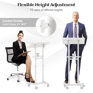 Mobile Lectern Podium Height-adjustable Rolling Laptop Cart with Tilting Top Storage Tray-White view 6