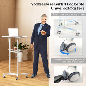 Mobile Lectern Podium Height-adjustable Rolling Laptop Cart with Tilting Top Storage Tray-White view 7