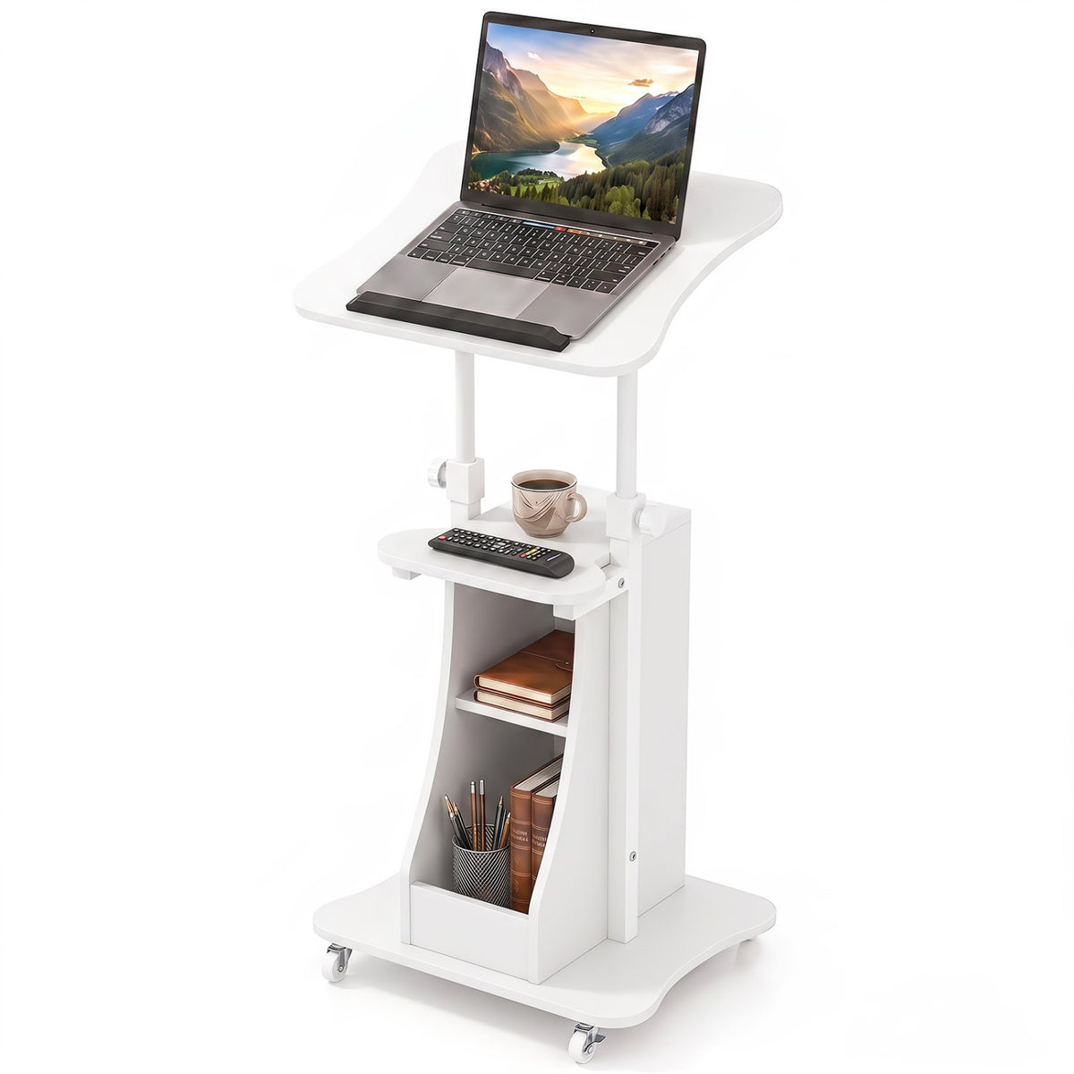 Mobile Podium Stand Height Adjustable Laptop Cart with Tilting Tabletop and Storage Compartments-White