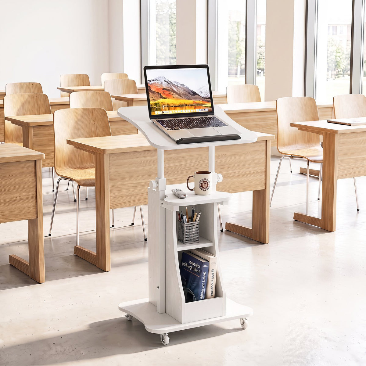 Mobile Podium Stand Height Adjustable Laptop Cart with Tilting Tabletop and Storage Compartments-White view 3