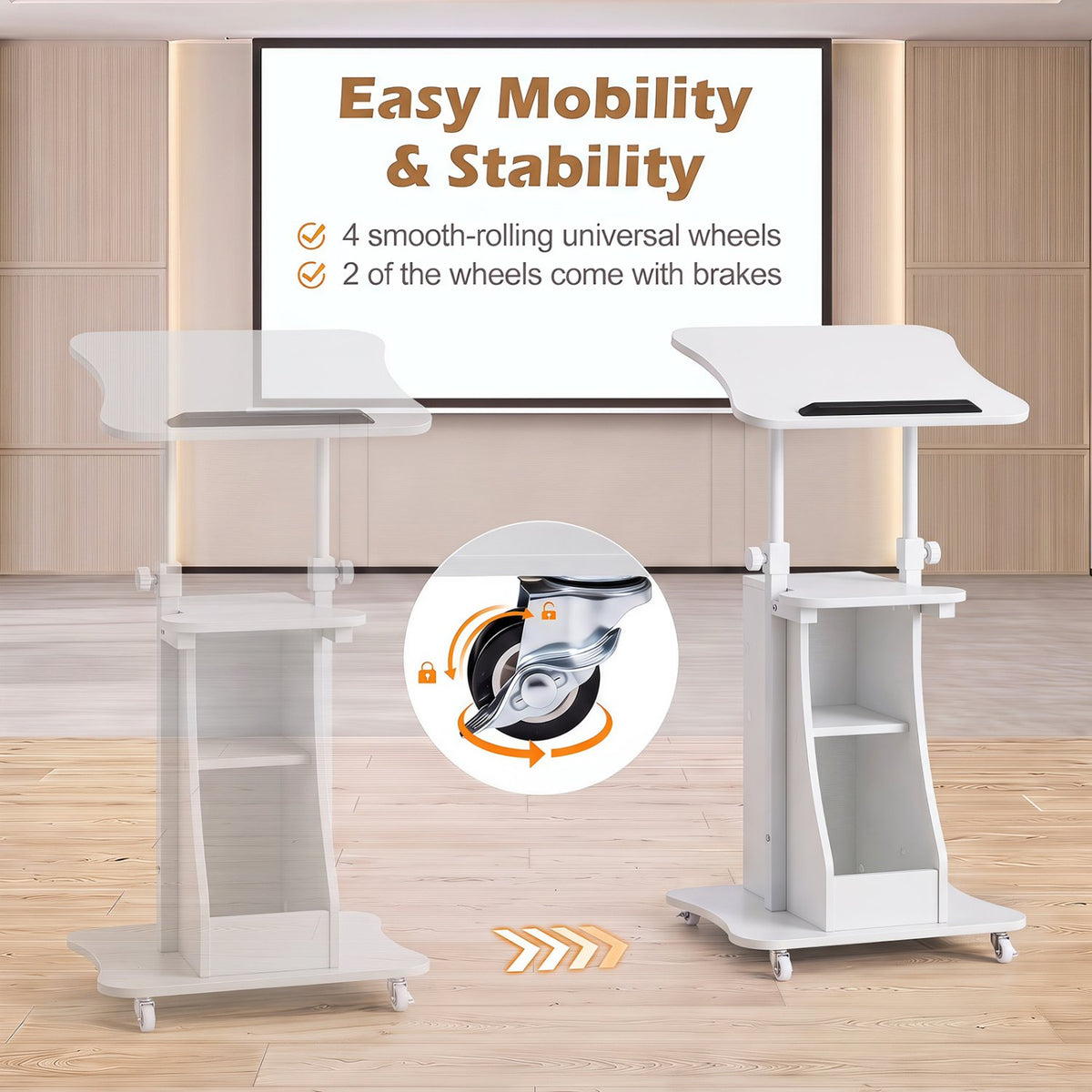 Mobile Podium Stand Height Adjustable Laptop Cart with Tilting Tabletop and Storage Compartments-White view 6