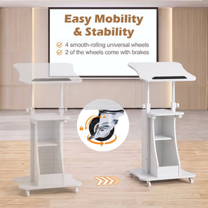 Mobile Podium Stand Height Adjustable Laptop Cart with Tilting Tabletop and Storage Compartments-White view 6