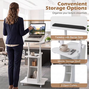 Mobile Podium Stand Height Adjustable Laptop Cart with Tilting Tabletop and Storage Compartments-White view 7