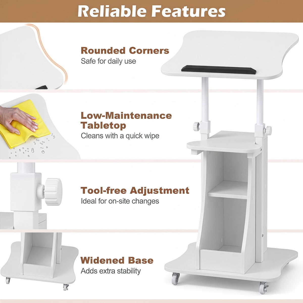 Mobile Podium Stand Height Adjustable Laptop Cart with Tilting Tabletop and Storage Compartments-White view 8