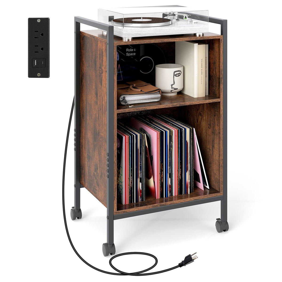 Mobile Record Player Stand with Power Outlet-Rustic Brown