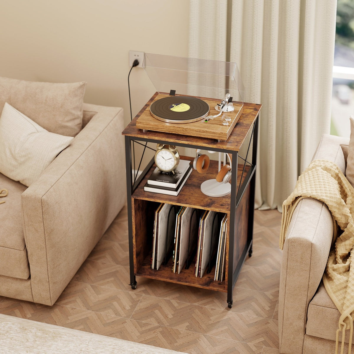 Mobile Record Player Stand with Power Outlet with Open Shelf and Dividers-Rustic Brown view 2