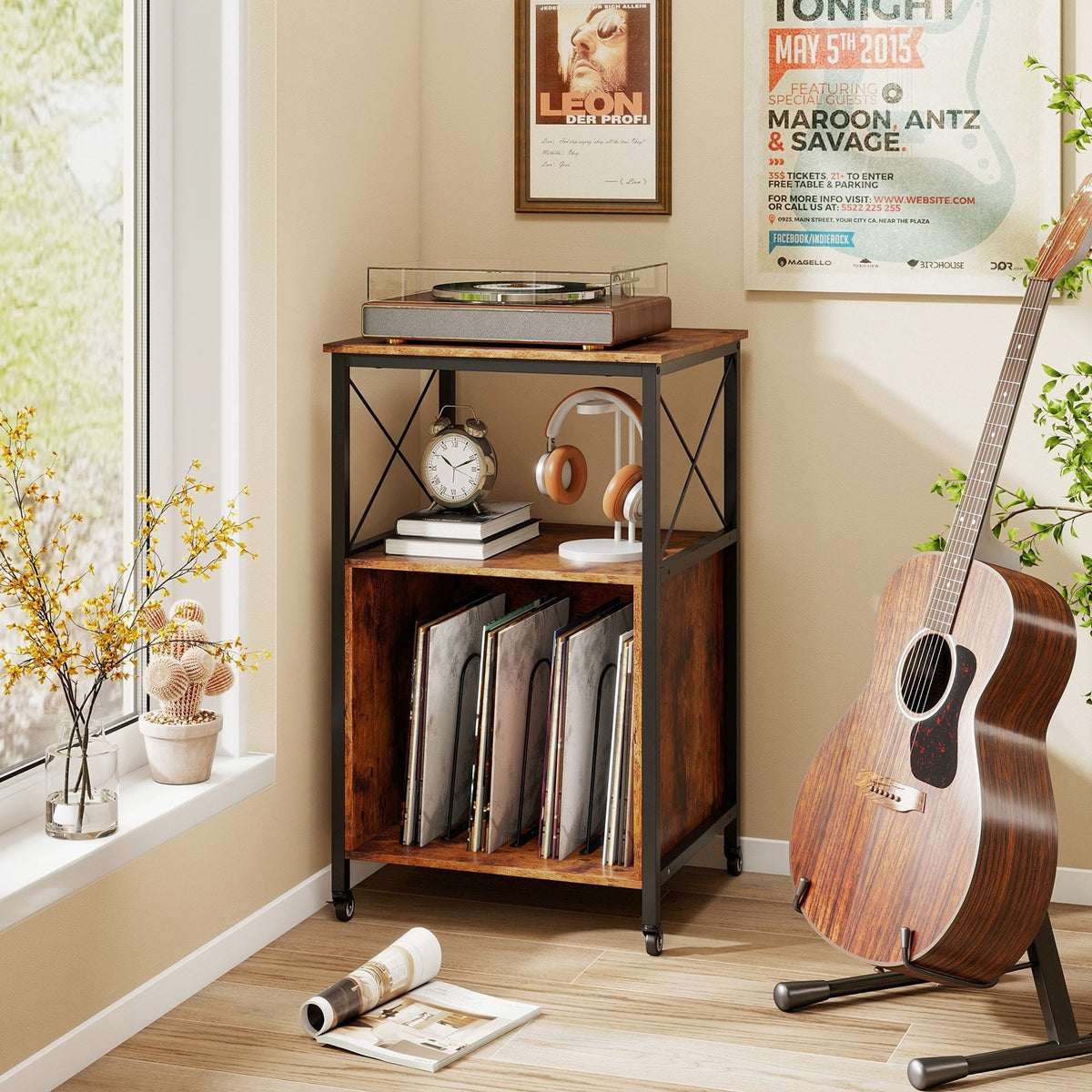 Mobile Record Player Stand with Power Outlet with Open Shelf and Dividers-Rustic Brown view 3