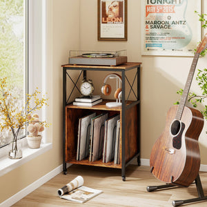Mobile Record Player Stand with Power Outlet with Open Shelf and Dividers-Rustic Brown view 3