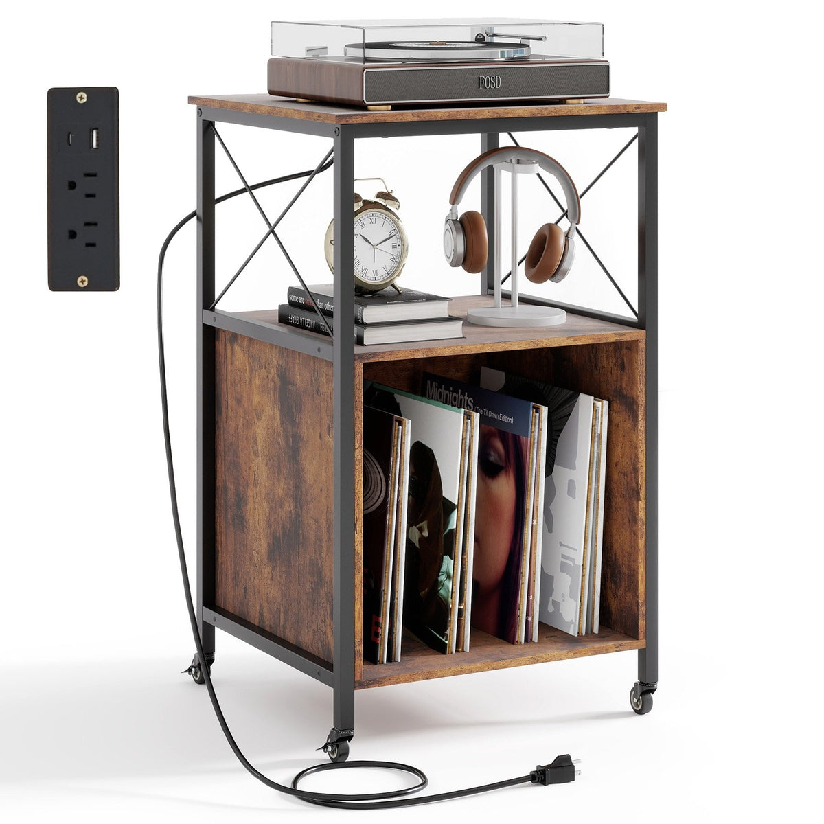 Mobile Record Player Stand with Power Outlet with Open Shelf and Dividers-Rustic Brown view 4