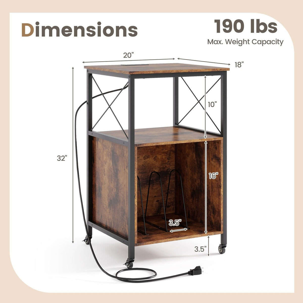 Mobile Record Player Stand with Power Outlet with Open Shelf and Dividers-Rustic Brown view 5