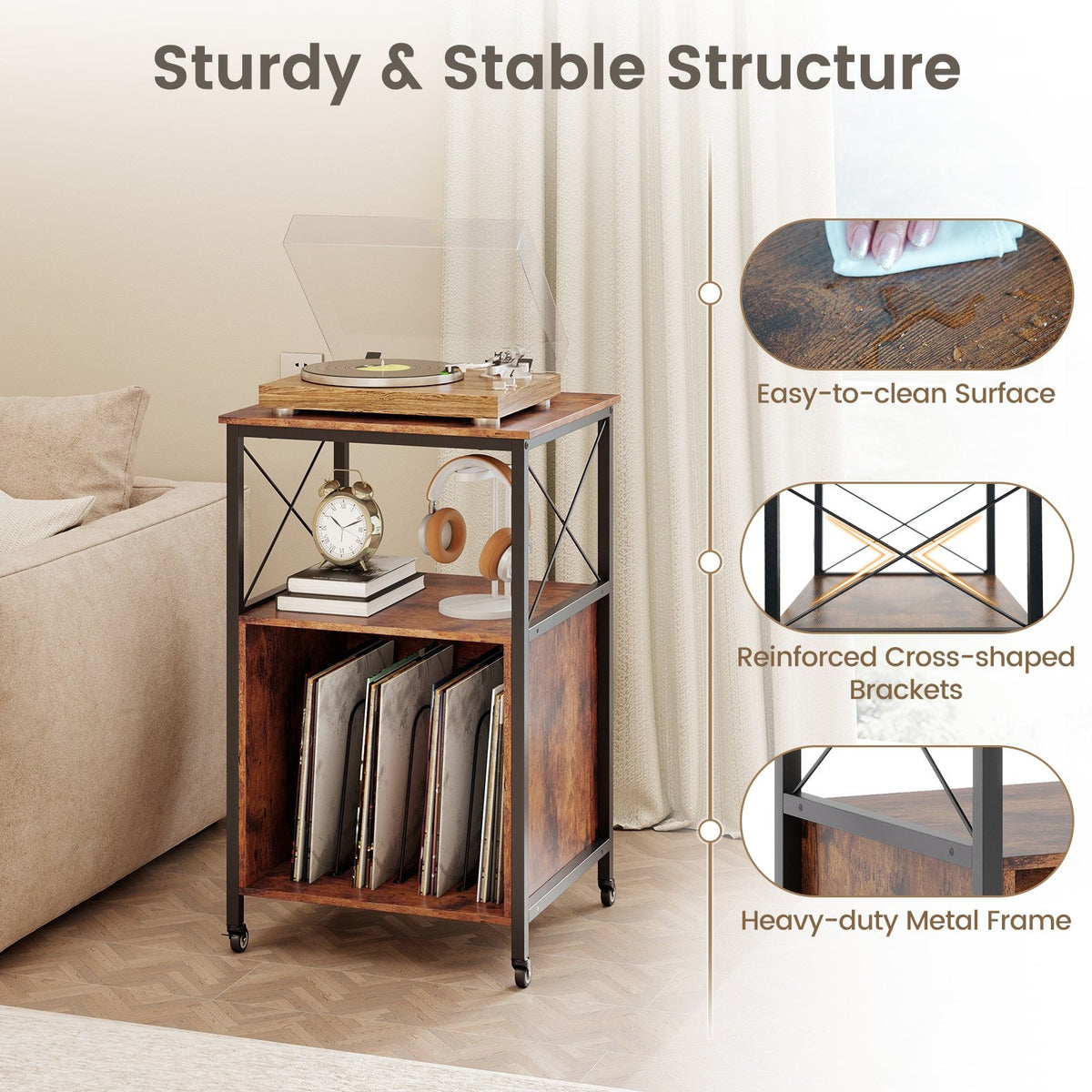 Mobile Record Player Stand with Power Outlet with Open Shelf and Dividers-Rustic Brown view 7