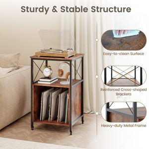 Mobile Record Player Stand with Power Outlet with Open Shelf and Dividers-Rustic Brown view 7