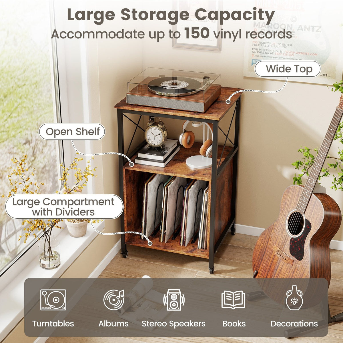 Mobile Record Player Stand with Power Outlet with Open Shelf and Dividers-Rustic Brown view 8