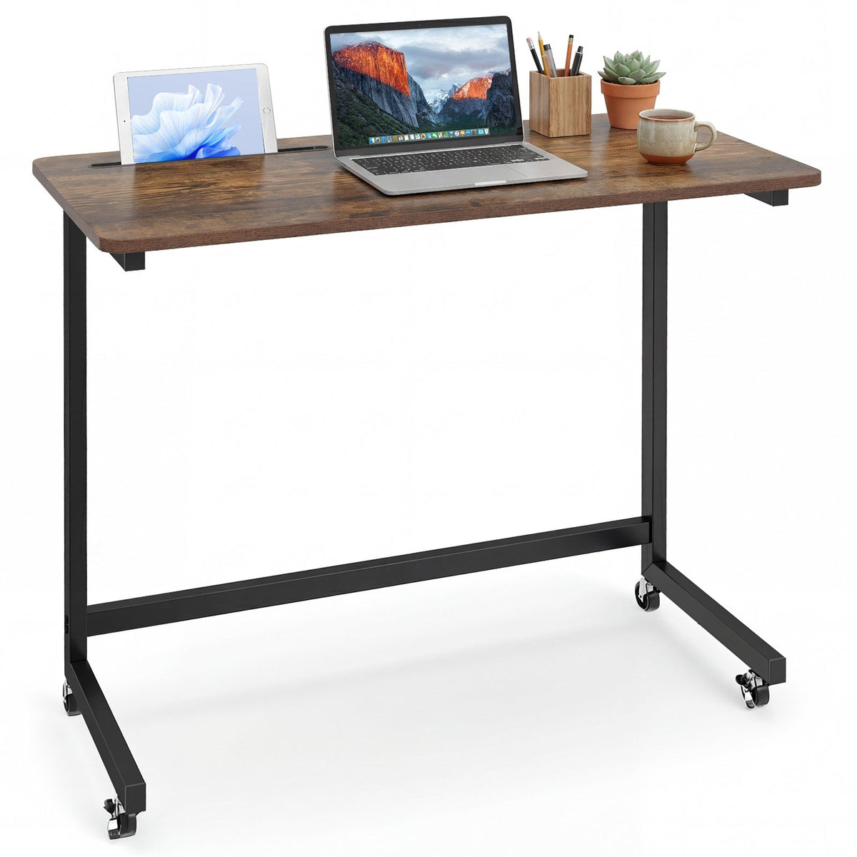 Mobile Side Table Rolling Laptop Desk Cart with Tablet Slot-Rustic Brown