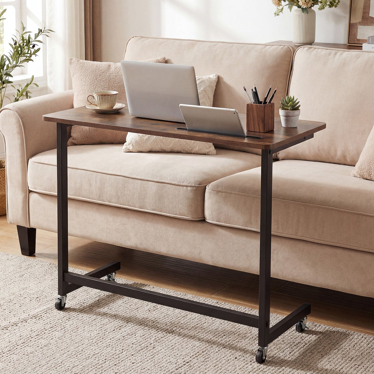Mobile Side Table Rolling Laptop Desk Cart with Tablet Slot-Rustic Brown view 3