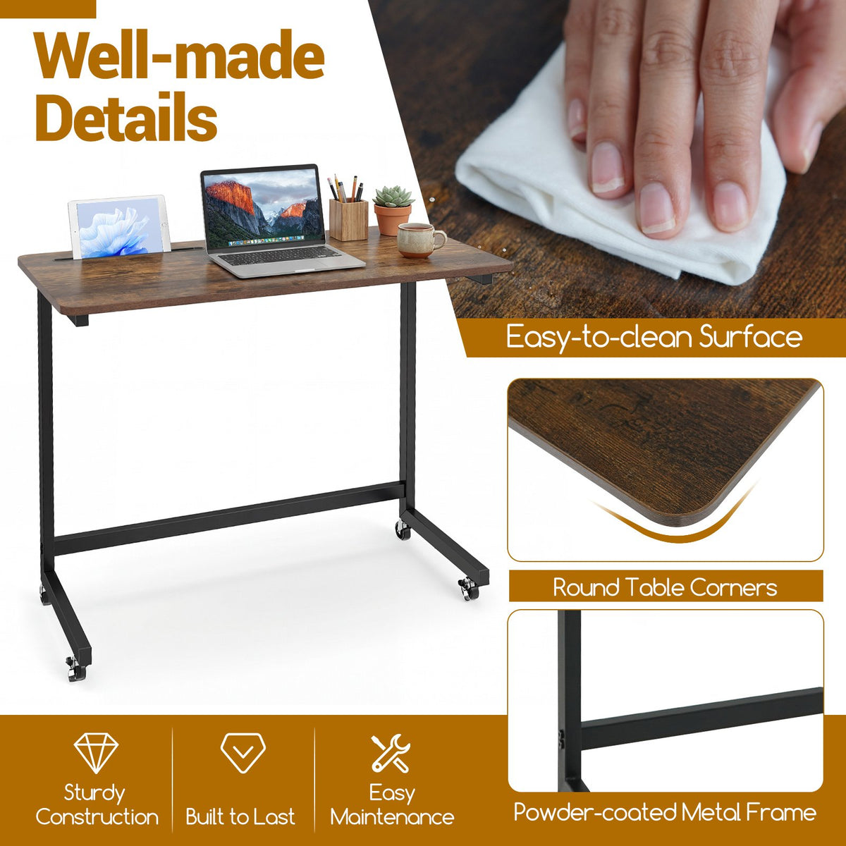 Mobile Side Table Rolling Laptop Desk Cart with Tablet Slot-Rustic Brown view 7