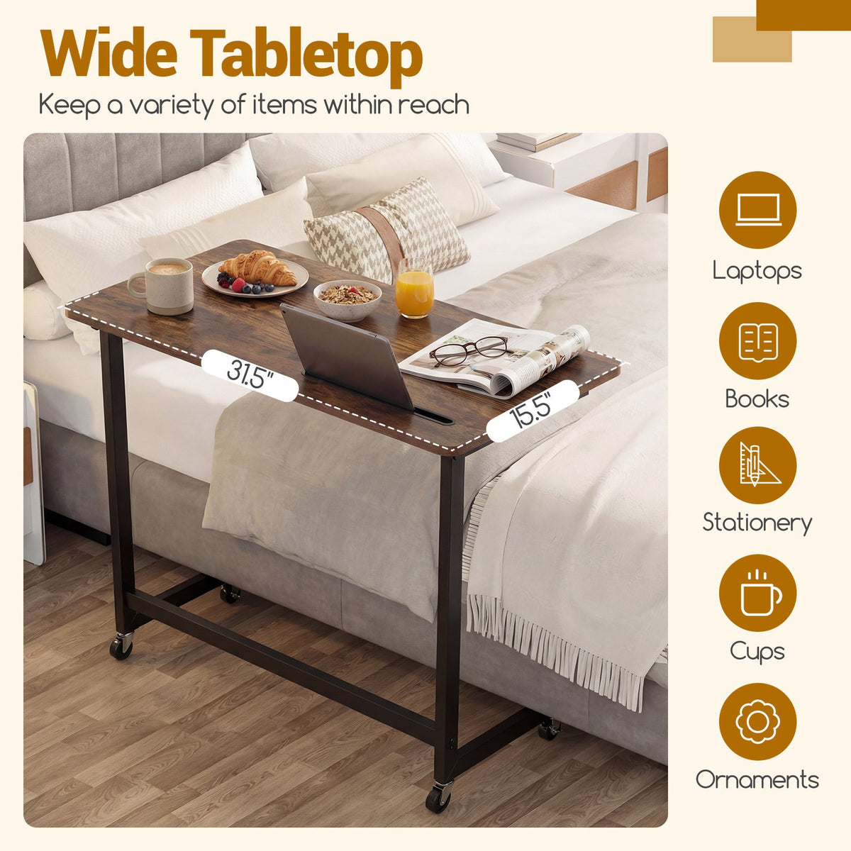 Mobile Side Table Rolling Laptop Desk Cart with Tablet Slot-Rustic Brown view 8