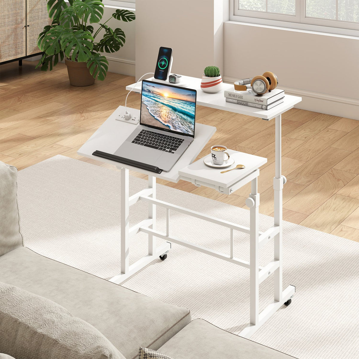 Mobile Stand-up Computer Desk Adjustable with 2 Tilting Desktops-White view 2